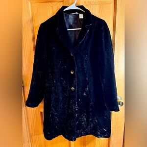 J. Jill Elegant Black Velvet Coat SZ MP Floral Buttons Lined Embroidered Collar